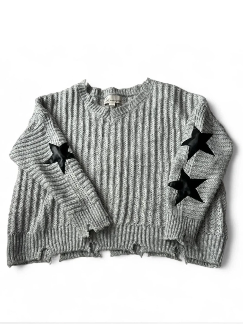 Vintage Havana cable knit grey and black star sleeve sweater